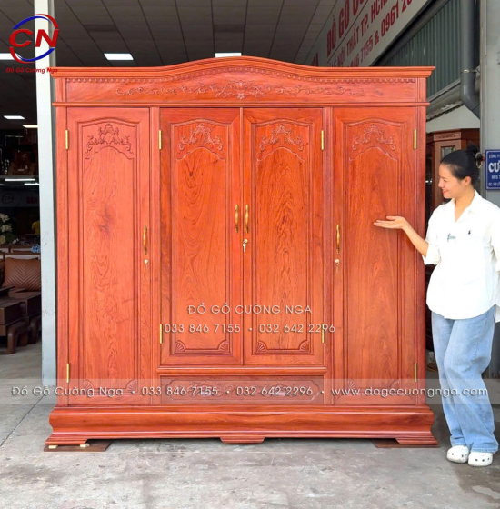 Tủ Áo Gỗ Hương Đá 4 Cánh Tân Cổ Điển Cao Cấp Sang Trọng