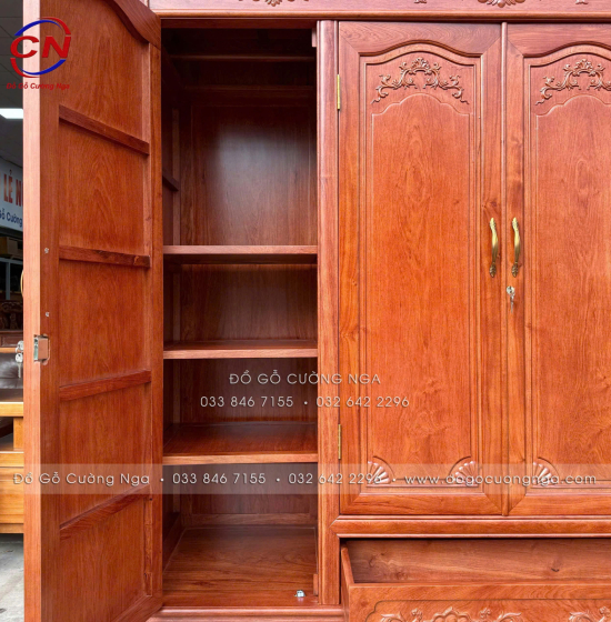 Tủ Áo Gỗ Hương Đá 4 Cánh Tân Cổ Điển Thiết Kế Bản Lề Lá 