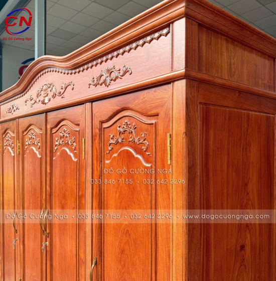 Tủ Áo Gỗ Hương Đá 4 Cánh Tân Cổ Điển Thiết Kế Bản Lề Lá 