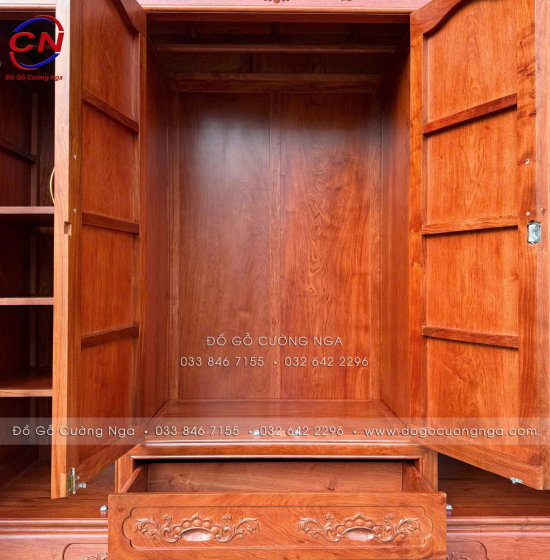 Tủ Áo Gỗ Hương Đá 4 Cánh Tân Cổ Điển Thiết Kế Bản Lề Lá 