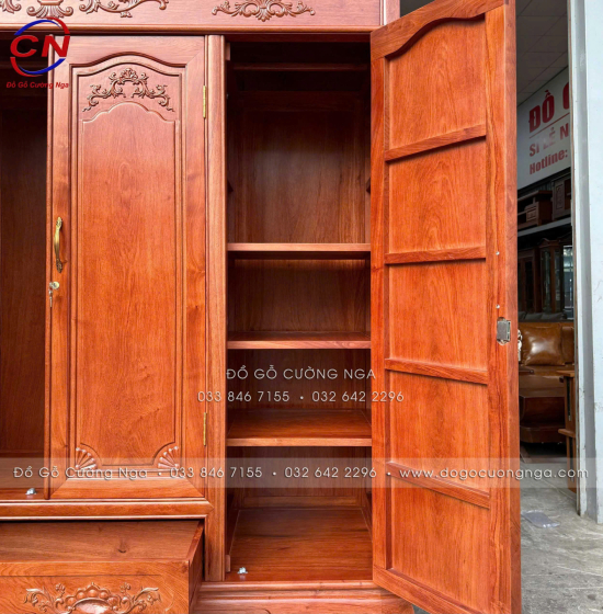 Tủ Áo Gỗ Hương Đá 4 Cánh Tân Cổ Điển Thiết Kế Bản Lề Lá 