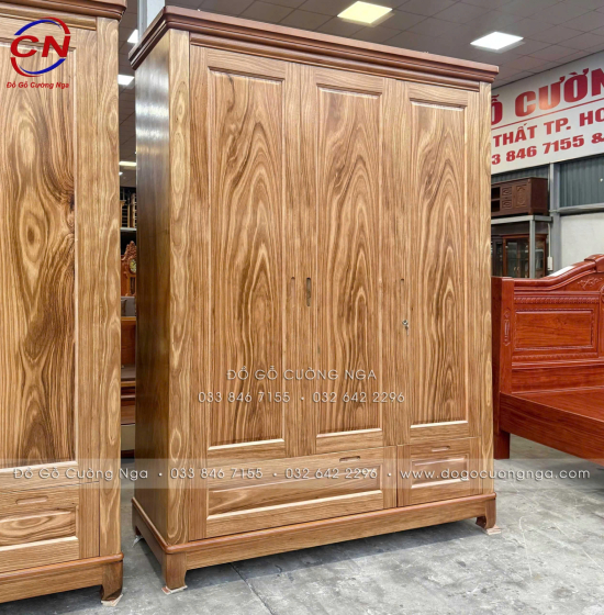 Tủ Quần Áo Gỗ Hương Xám 3 Cánh Mẫu Trơn 1m52