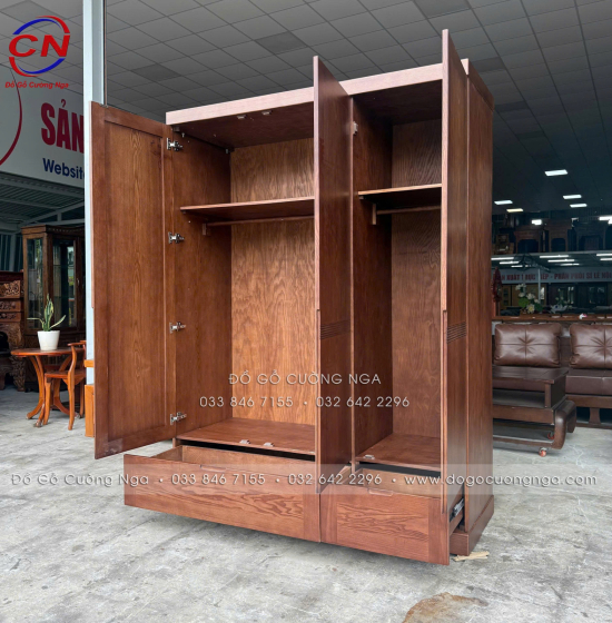Tủ Áo Gỗ Sồi Nga 3 Cánh Màu Óc Chó Thiết Kế Hiện Đại Dài 1m6