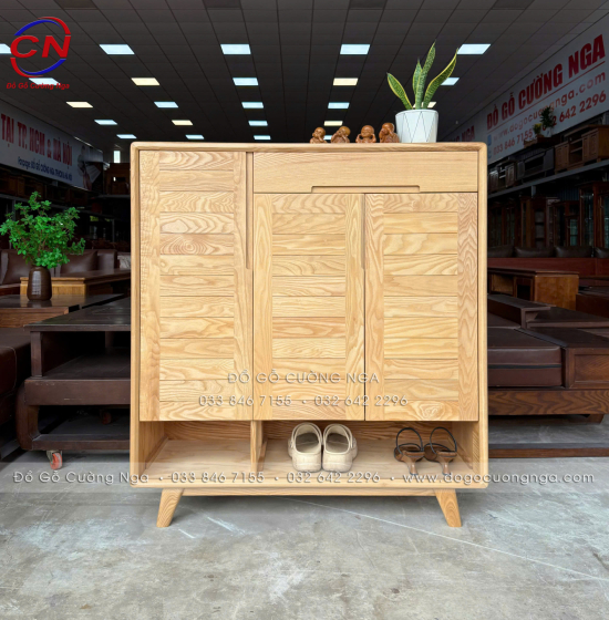 Tủ Giày Gỗ Sồi 3 Cánh Tự Nhiên Chân Hở Robot Hút Bụi Dễ Dàng Di Chuyển