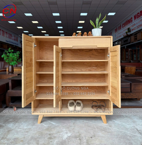 Tủ Giày Gỗ Sồi 3 Cánh Tự Nhiên Chân Hở Robot Hút Bụi Dễ Dàng Di Chuyển