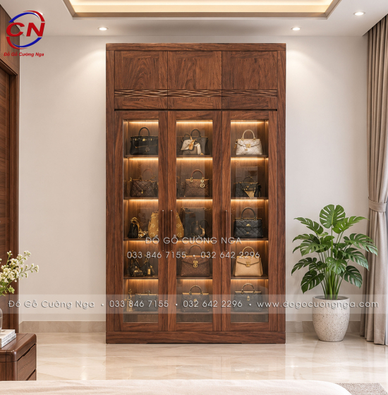 Tủ Gỗ Hương Xám Kết Hợp Kệ Để Túi Xách 3 Cánh Kính 2 Tầng Hiện Đại