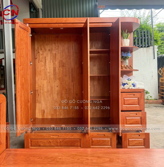 Combo Giường Tủ Gỗ Hương Đá Kèm Kệ Trang Trí Sang Trọng