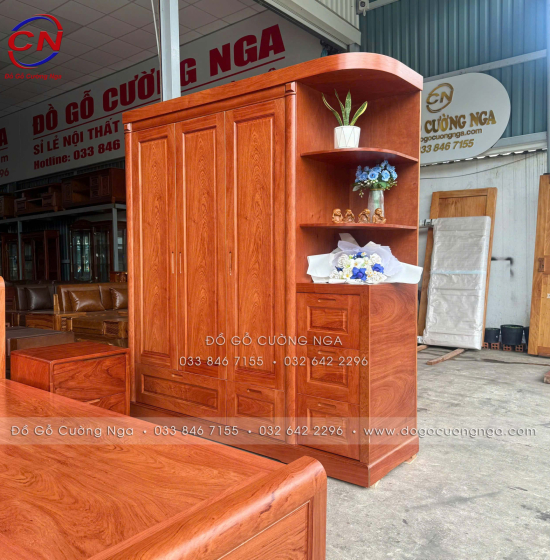 Combo Giường Tủ Gỗ Hương Đá Kèm Kệ Trang Trí Sang Trọng