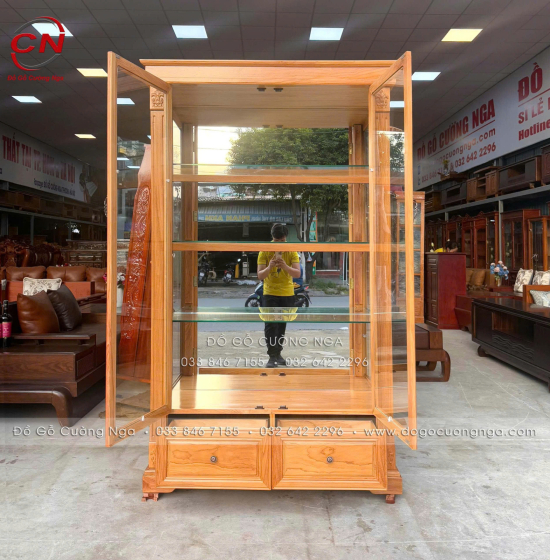 Tủ Rượu Gỗ Gõ Đỏ 1m2 Thiết Kế 2 Cánh Kính Sang Trọng