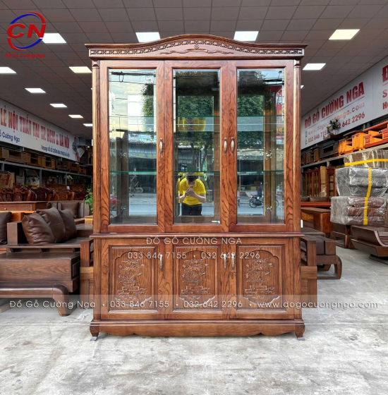 Tủ Rượu Gỗ Sồi Màu Óc Chó 3 Cánh Dài 1m45 Tối Ưu Không Gian Phòng Khách