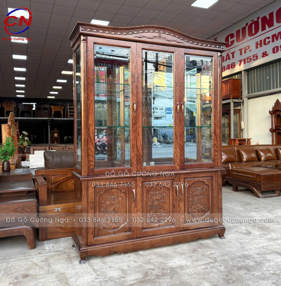 Tủ Rượu Gỗ Sồi Màu Óc Chó 3 Cánh Dài 1m45 Tối Ưu Không Gian Phòng Khách