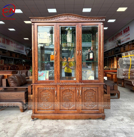 Tủ Rượu Gỗ Sồi Màu Óc Chó 3 Cánh Dài 1m45 Tối Ưu Không Gian Phòng Khách