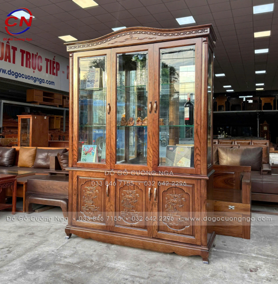 Tủ Rượu Gỗ Sồi Màu Óc Chó 3 Cánh Dài 1m45 Tối Ưu Không Gian Phòng Khách