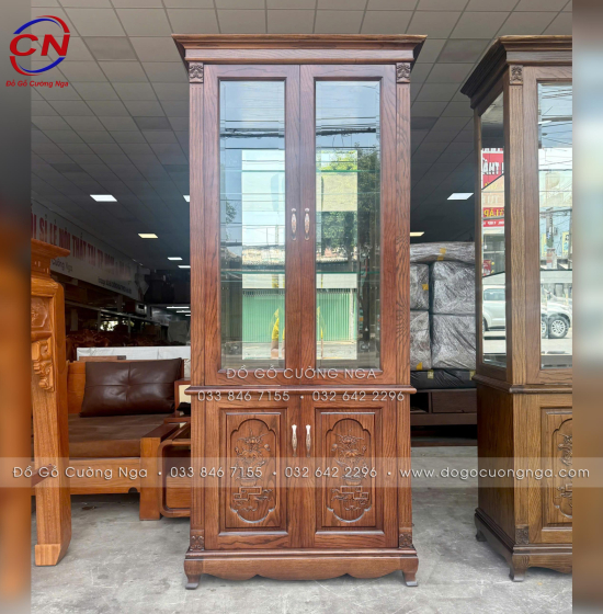 Tủ rượu trang trí gỗ sồi nga lau màu óc chó - vuông TG 016