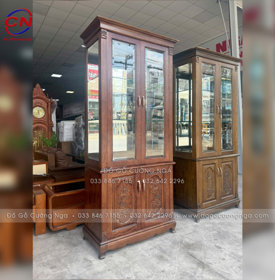 Tủ rượu trang trí gỗ sồi nga lau màu óc chó - vuông TG 016