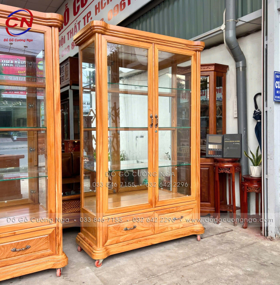 Tủ Rượu - Tủ Ly Gỗ Gõ Đỏ 1m25 Cánh Mở Kính Kết Hợp Hiện Đại Và Tân Cổ Điển