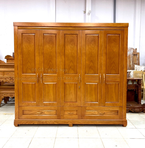Tủ Quần Áo Gỗ Gõ Đỏ Hiện Đại 5 Cánh Sang Trọng 