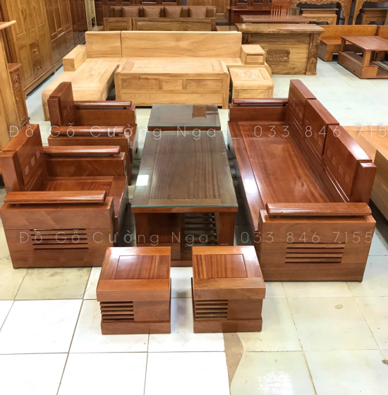 Bàn Ghế Sofa Gỗ Xoan Đào Đối Tay Trứng Kèm Nệm  