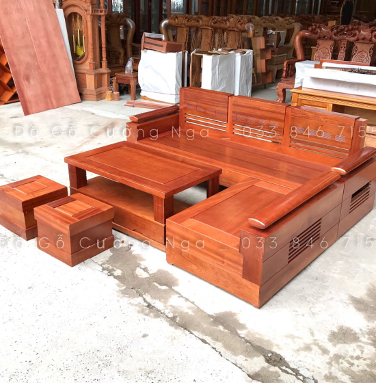 Bàn Ghế Sofa Gỗ Xoan Đào 2m1x1m6 - Tay Trứng Hiện Đại
