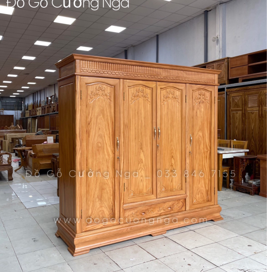 Tủ áo gỗ gõ đỏ 4 cánh - 2m1 mẫu phào vuông 