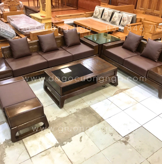 Bộ Sofa Gỗ Sồi Nga 2 Văng Chân Quỳ Óc Chó Cao Cấp ( Tặng Nệm)