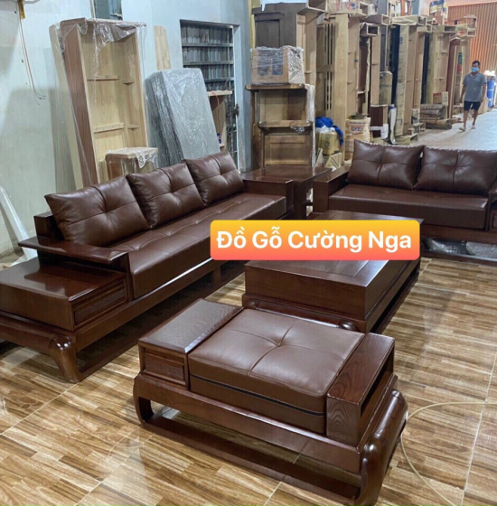 Bộ Bàn Ghế Sofa 2 Văng Gỗ Sồi Nga Kèm Nệm - Mẫu Đùi Gà 