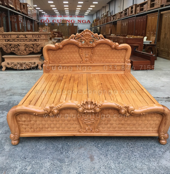 Giường gỗ gõ đỏ cao cấp vạt phản thưa - mẫu hoa hồng 