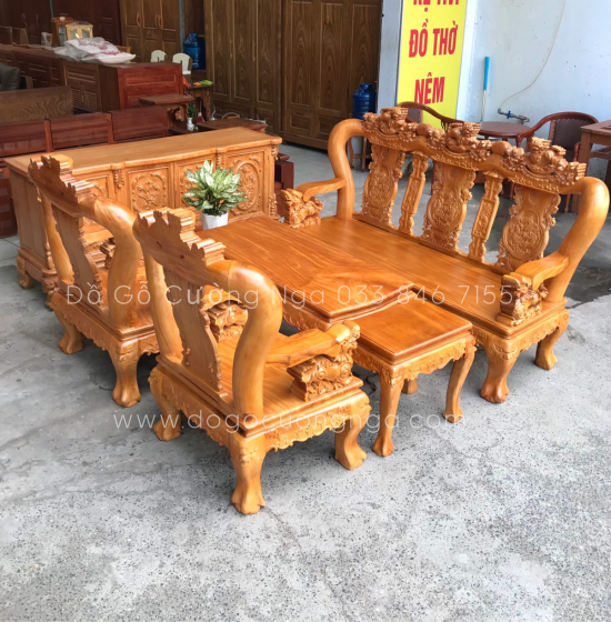 Bộ bàn ghế salon gỗ xà cừ tay 12 chạm nghê hạt 