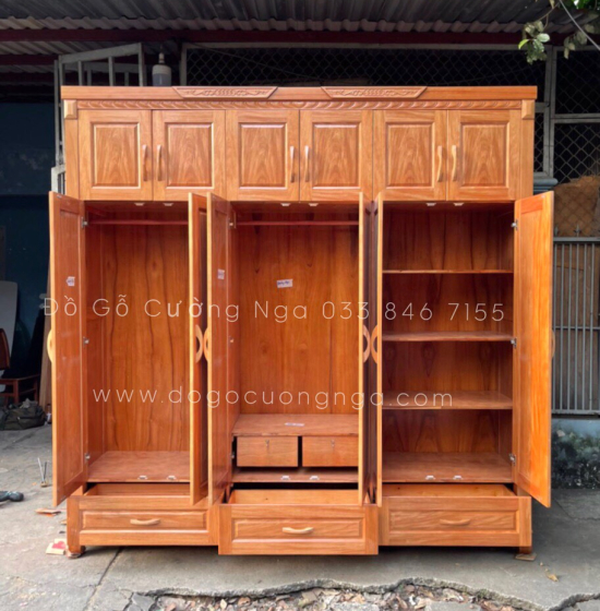 Tủ quần áo gỗ đinh hương 6 cánh - 2 tầng hiện đại 