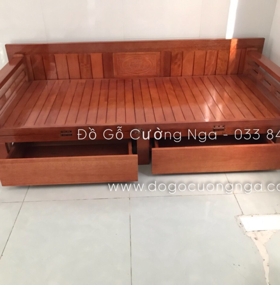 Ghế Giường Gỗ Sồi 2 Ngăn Kéo 1m4x1m9 Màu Cánh Gián Đẹp Giá Rẻ 
