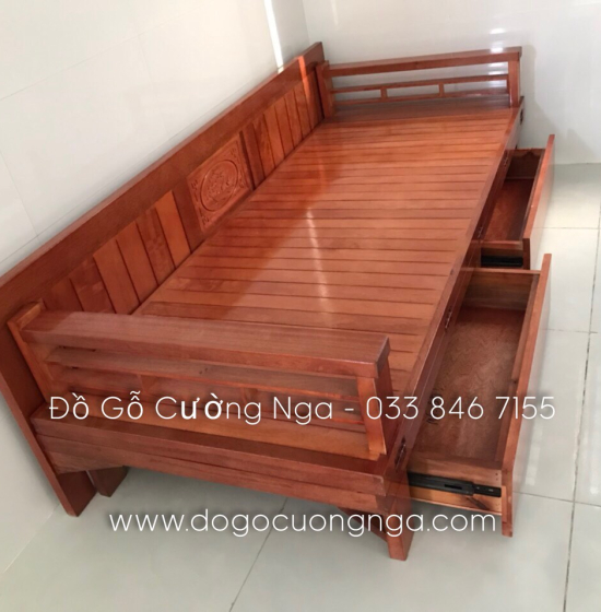 Ghế Giường Gỗ Sồi 2 Ngăn Kéo 1m4x1m9 Màu Cánh Gián Đẹp Giá Rẻ 