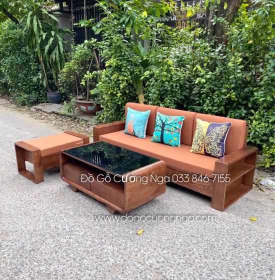 Bộ Ghế Sofa Văng Gỗ Sồi Nga Lau Màu Óc Chó Hiện Đại 