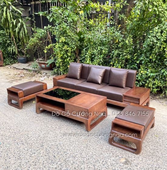 Bàn Ghế Sofa Văng Gỗ Sồi Nga Màu Óc Chó Hiện Đại - 2m4 Kèm Nệm 