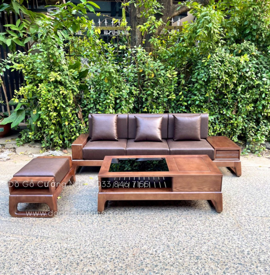 Bộ Sofa Văng Gỗ Sồi Nga Lau Màu Óc Chó 2m3 Kèm Nệm 