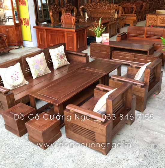 Bộ Bàn Ghế Sofa Gỗ Sồi Nga Đối Tay Trứng - Lau Màu Óc Chó