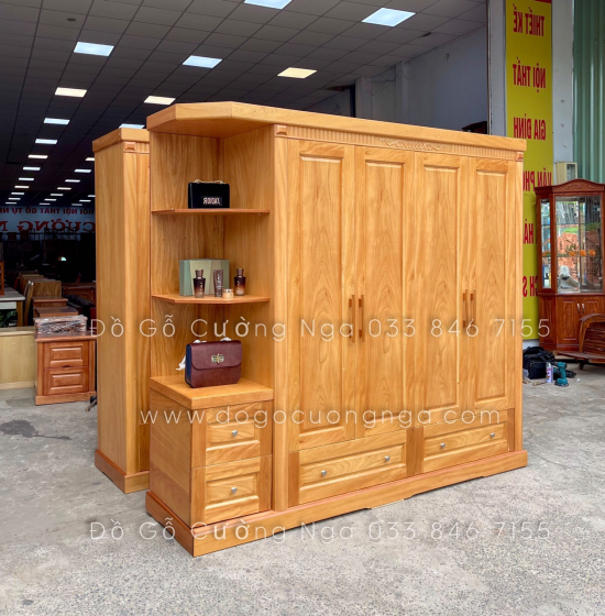 Tủ quần áo gỗ gõ đỏ 4 cánh 2m3 vế trái - kèm kệ trang trí 
