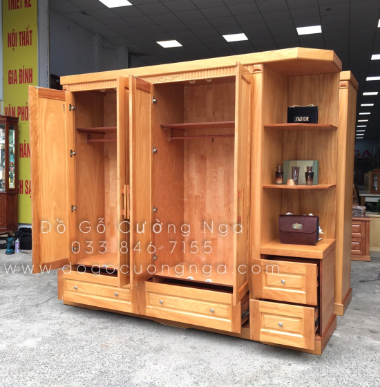 Tủ quần áo gỗ gõ đỏ 4 cánh 2m3 vế trái - kèm kệ trang trí 