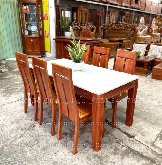 Bộ bàn ăn gỗ Xoan Đào mặt đá 1m6 - 6 ghế hiện đại BG 034