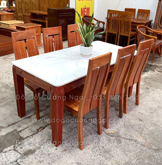 Bộ bàn ăn mặt đá 6 ghế gỗ Xoan Đào cao cấp - Ghế chữ T 