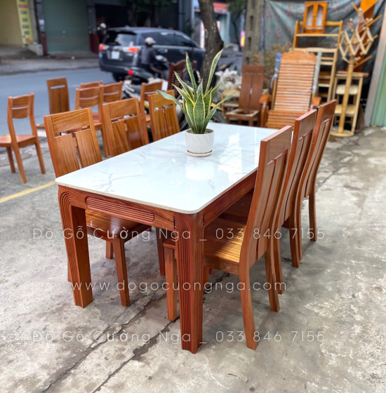 Bộ bàn ăn mặt đá 6 ghế gỗ Xoan Đào cao cấp - Ghế chữ T 