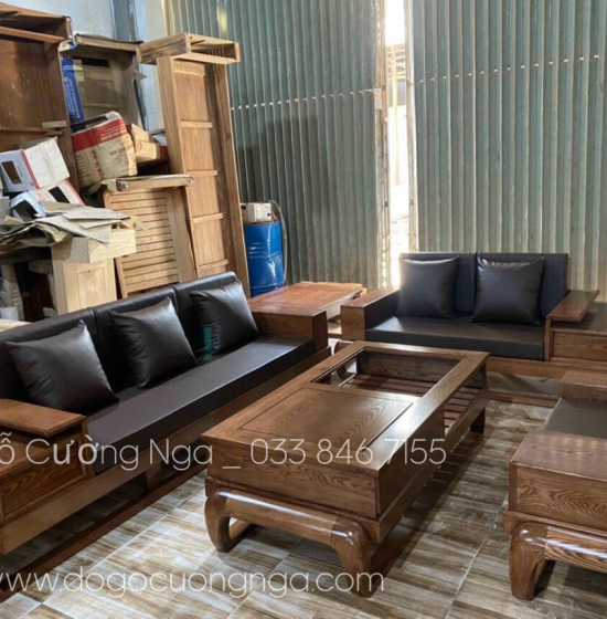 Bàn ghế sofa gỗ sồi nga lau màu óc chó - 2 văng mẫu đùi gà 