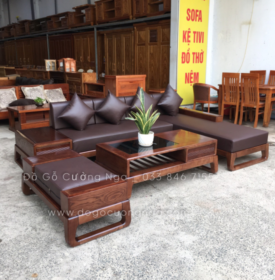 Bộ Ghế Sofa Gỗ Sồi Nga Lau Màu Óc Chó Kèm Nệm Hiện Đại 