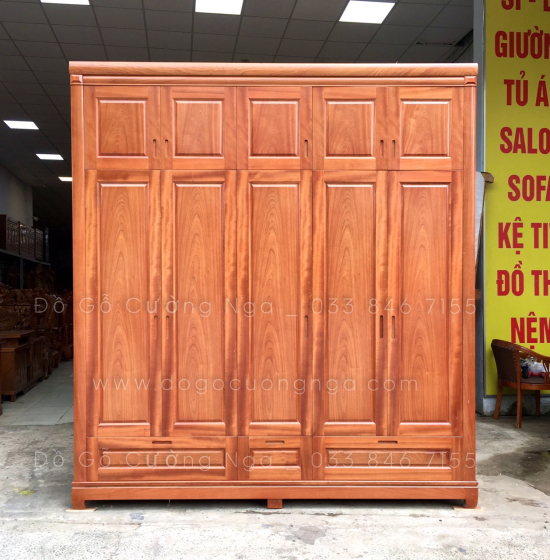 Tủ quần áo gỗ xoan đào cao 5 cánh - 2 tầng cao cấp 