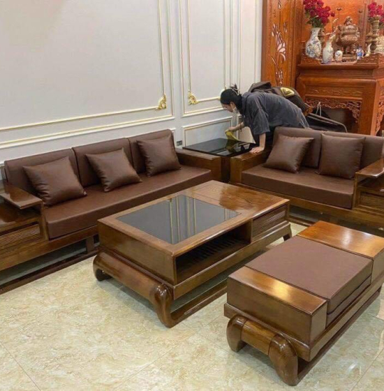 Bộ Bàn Ghế Sofa 2 Văng Gỗ Sồi Nga Kèm Nệm - Mẫu Đùi Gà 