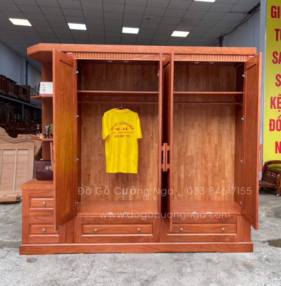 Tủ quần áo gỗ hương đá 4 cánh kèm góc trang trí