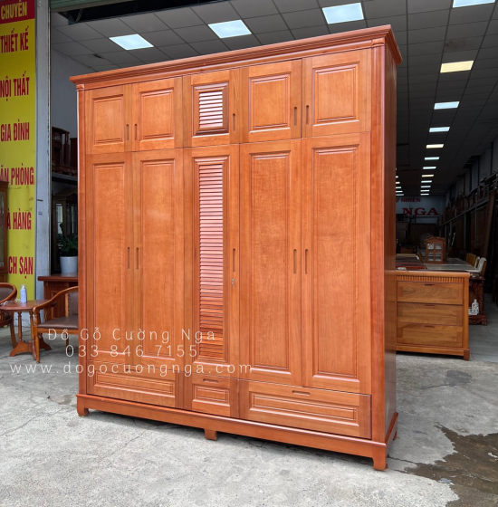 Tủ quần áo gỗ xoan đào 5 cánh - 2 tầng lá sách 