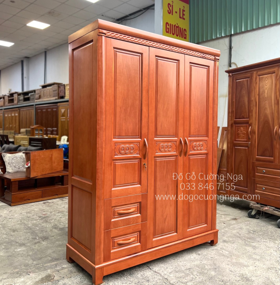 Tủ quần áo gỗ xoan đào 3 cánh cao cấp - mẫu đồng tiền 