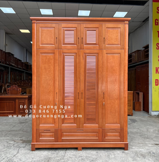 Tủ quần áo gỗ xoan đào 4 cánh - cao 2 tầng lá sách TX 31
