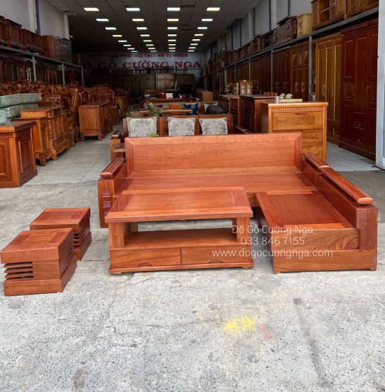  Bàn Ghế Sofa Gỗ Xoan Đào Góc L 2m1x1m6 - Lưng Liền 