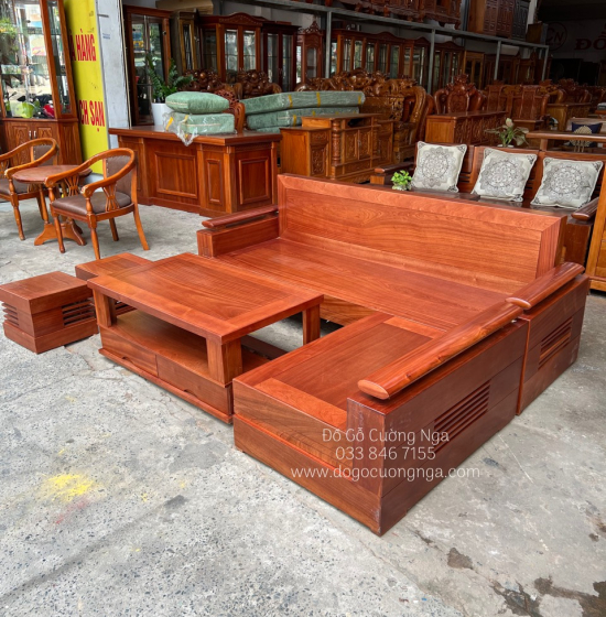  Bàn Ghế Sofa Gỗ Xoan Đào Góc L 2m1x1m6 - Lưng Liền 